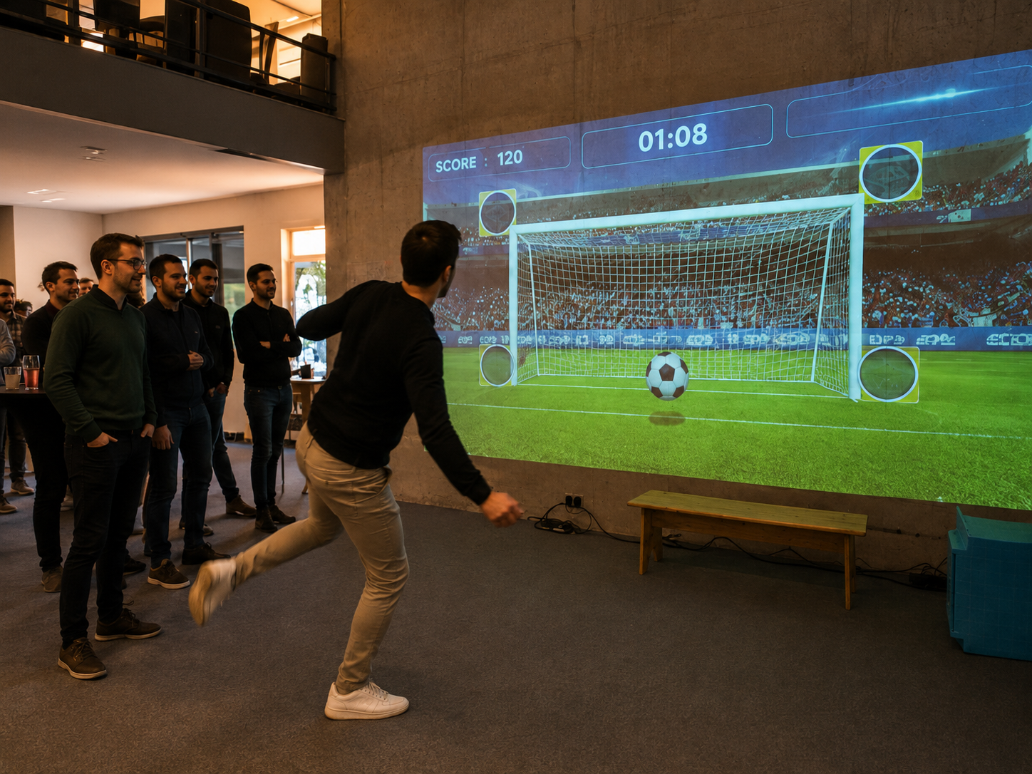 Animation interactive Play'In Village en entreprise : un participant tape dans un ballon virtuel projeté sur un mur devant ses collègues
