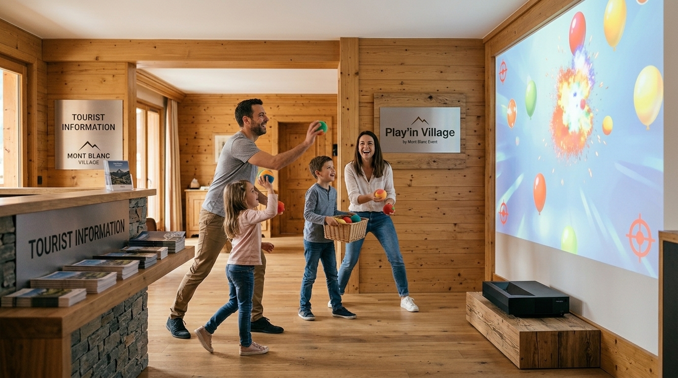 Une famille, parents et enfants, joue ensemble devant un mur interactif projeté dans un espace d'accueil de village vacances