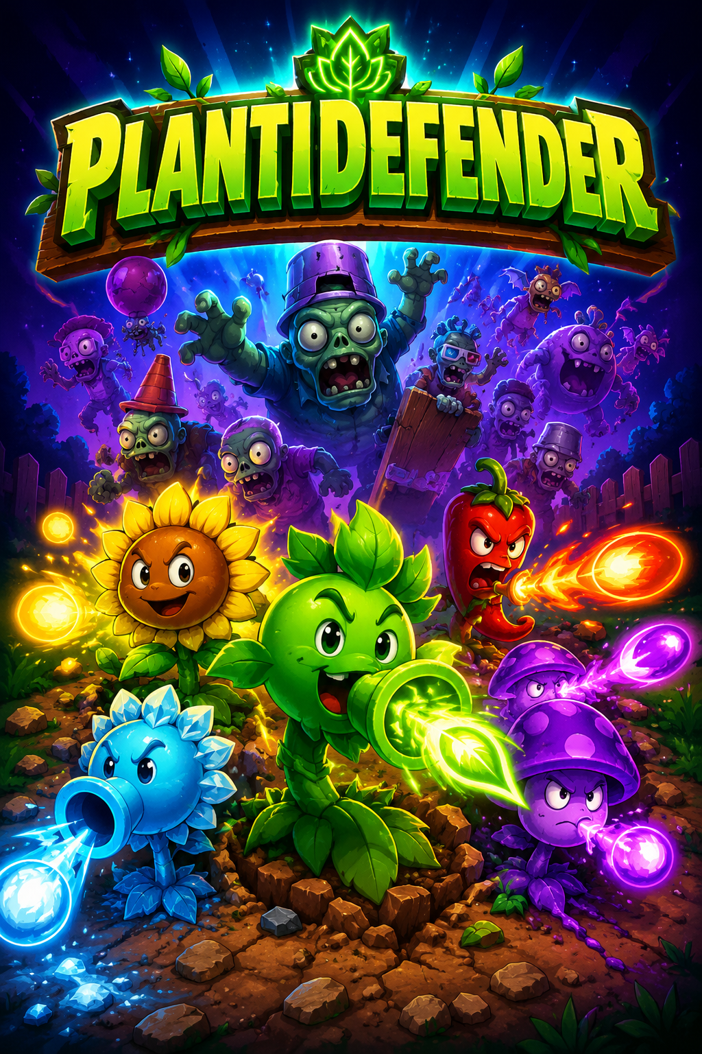 Visuel du jeu PlantDefender : plantes colorées repoussant des zombies rigolos