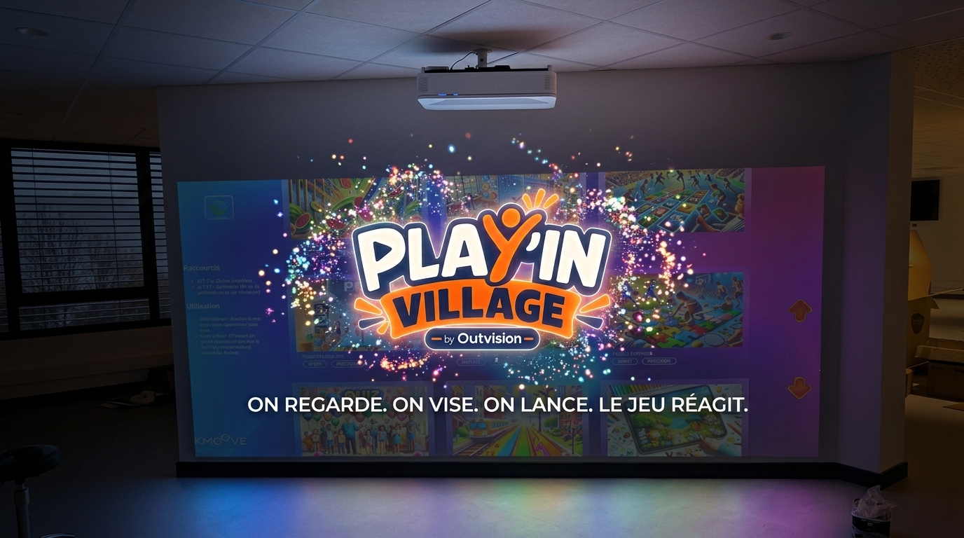Projection du logo Play'In Village sur un mur : le dispositif s'installe dans une salle et réagit aux mouvements des participants