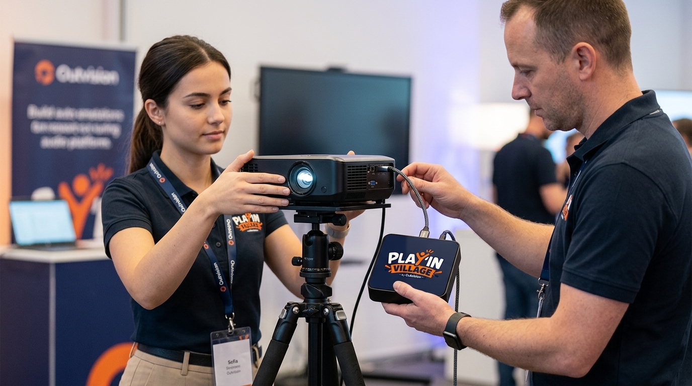 Deux membres de l'équipe Outvision installent le projecteur Play'In Village dans une salle
