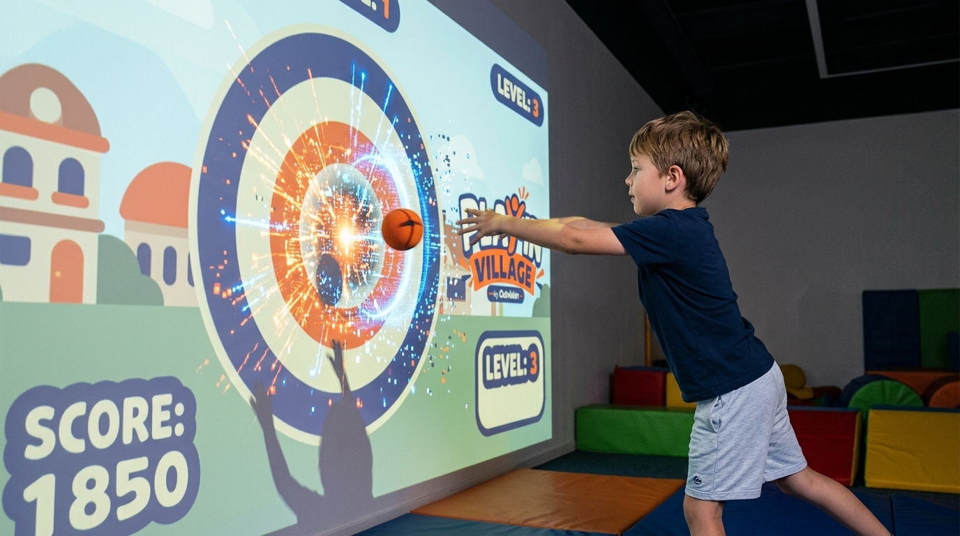 Un enfant lance une balle sur une cible interactive projetée pendant une animation de soirée en camping