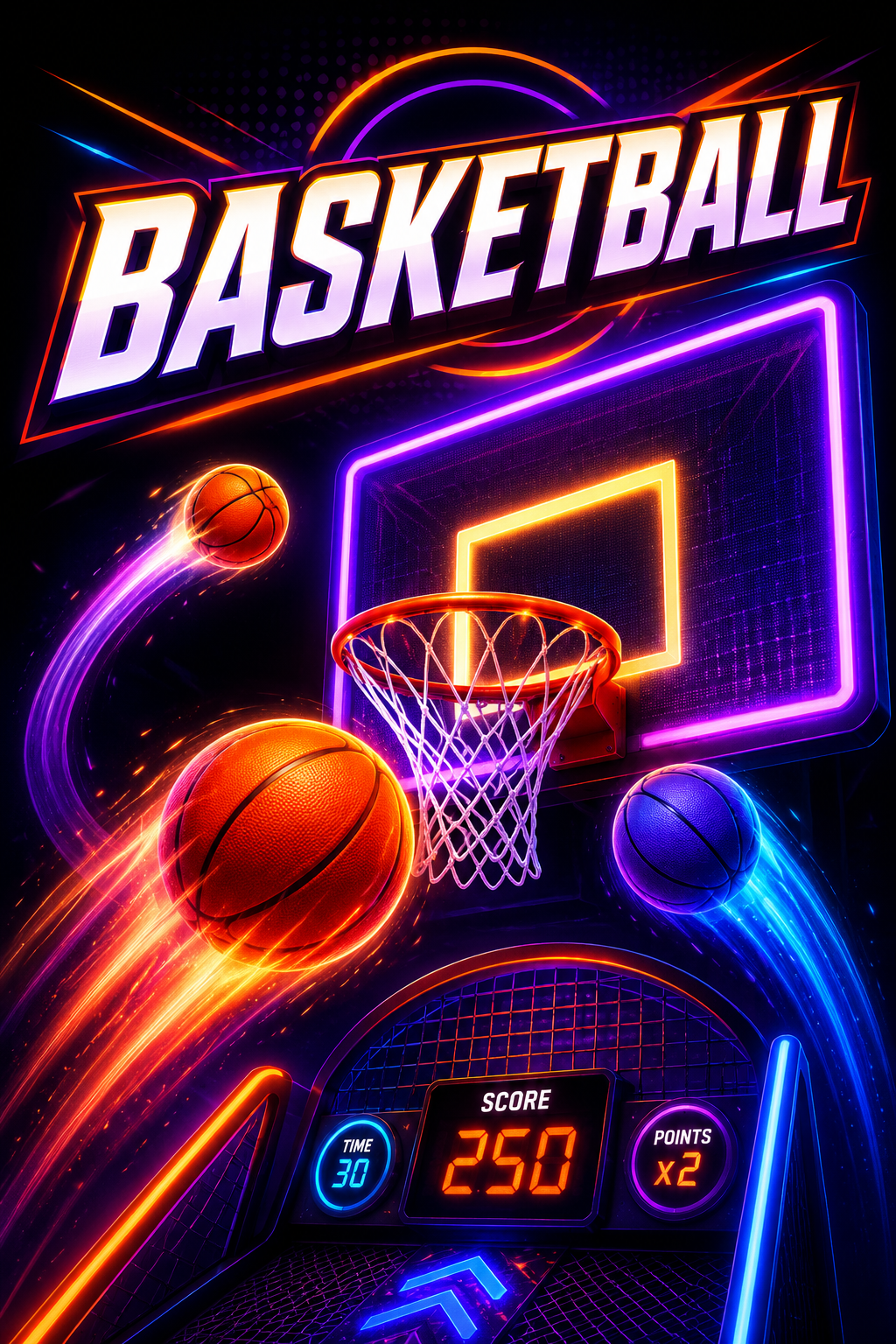 Visuel du jeu Basketball : ballons filant vers un panier entouré de néons