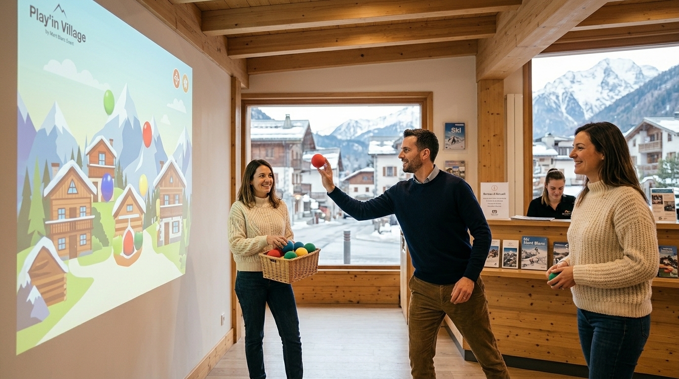 Des vacanciers s'amusent à l'intérieur devant un mur interactif projeté pendant une journée de pluie
