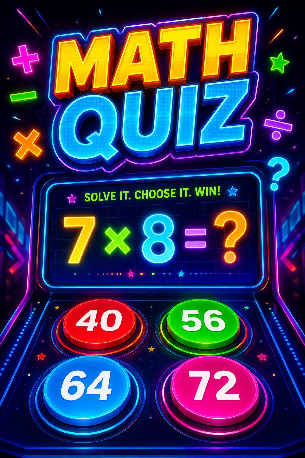 Visuel du jeu Math Quiz : calcul 7 × 8 avec quatre réponses à choisir