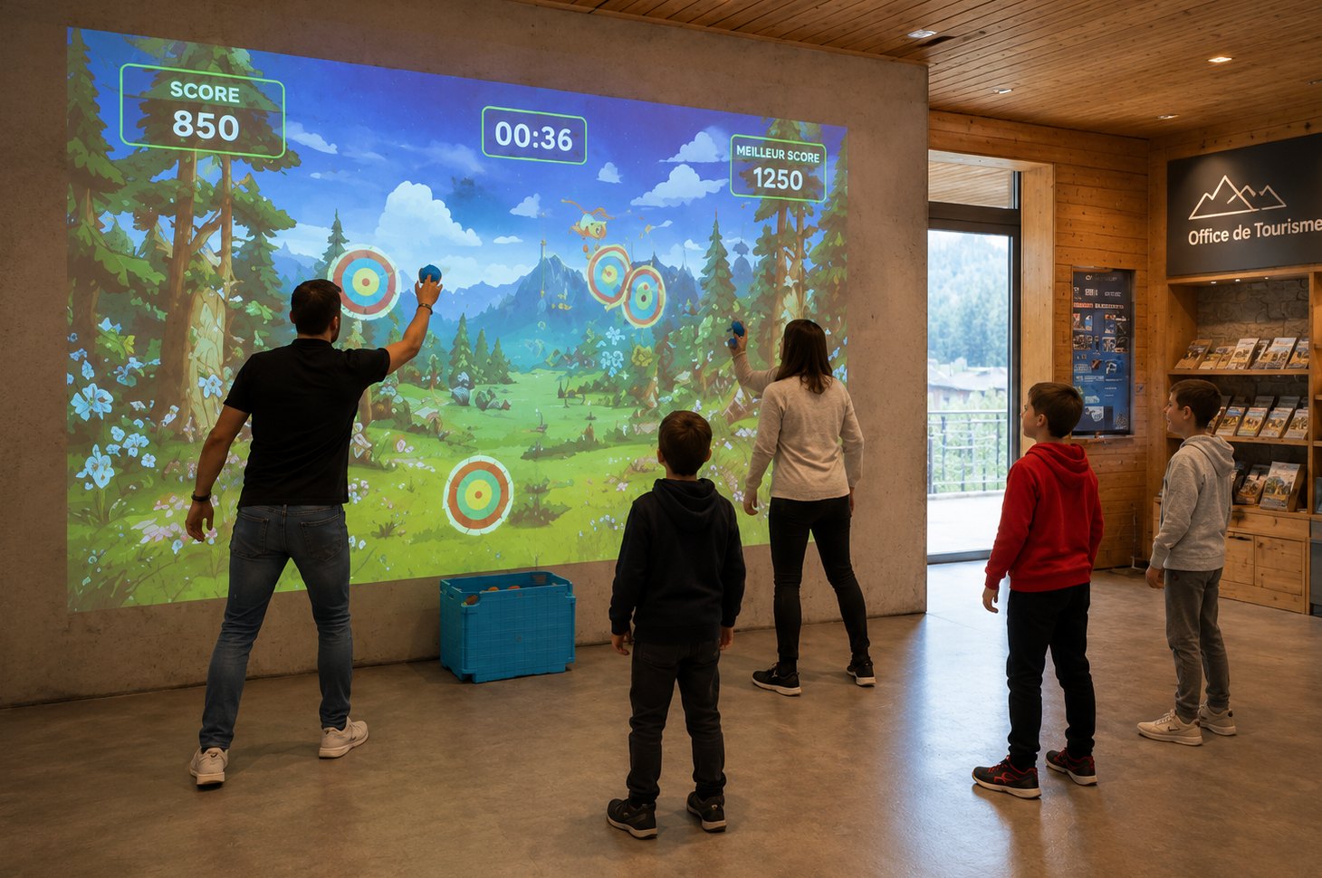 Des familles en tenue de ski jouent ensemble dans la salle d'animation d'une station de montagne