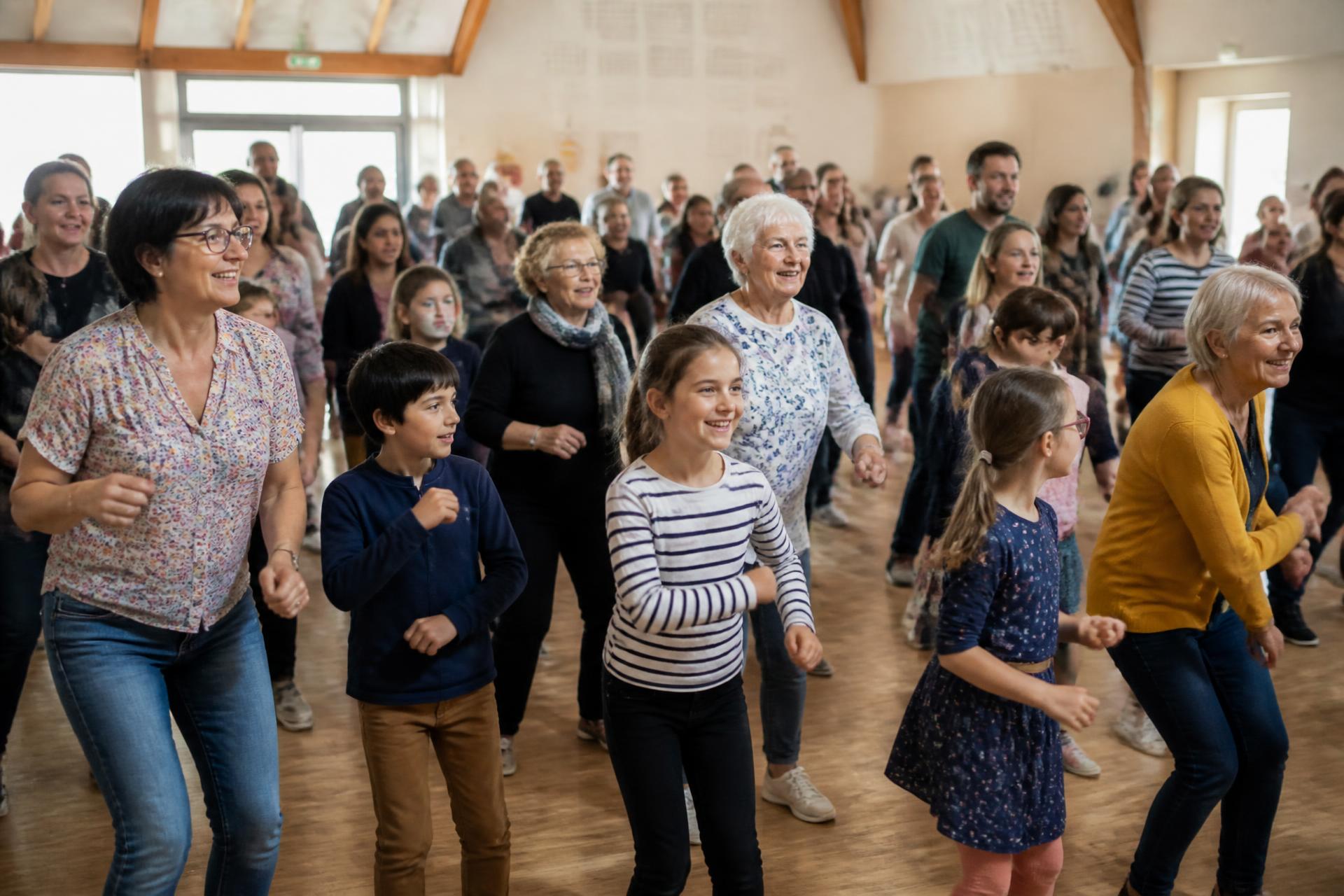 Animation Play'In Village pour collectivité : public intergénérationnel réuni lors d'un événement municipal en salle polyvalente
