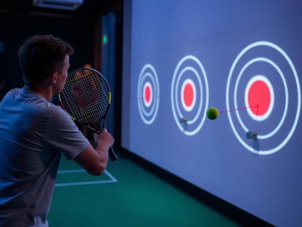 Joueur avec une raquette de tennis face à des cibles projetées
