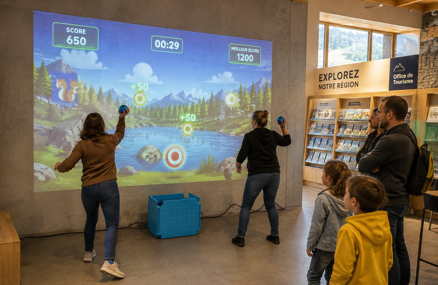 Animation Play'In Village en office de tourisme : deux visiteuses lancent des balles sur un jeu projeté pendant que des familles regardent