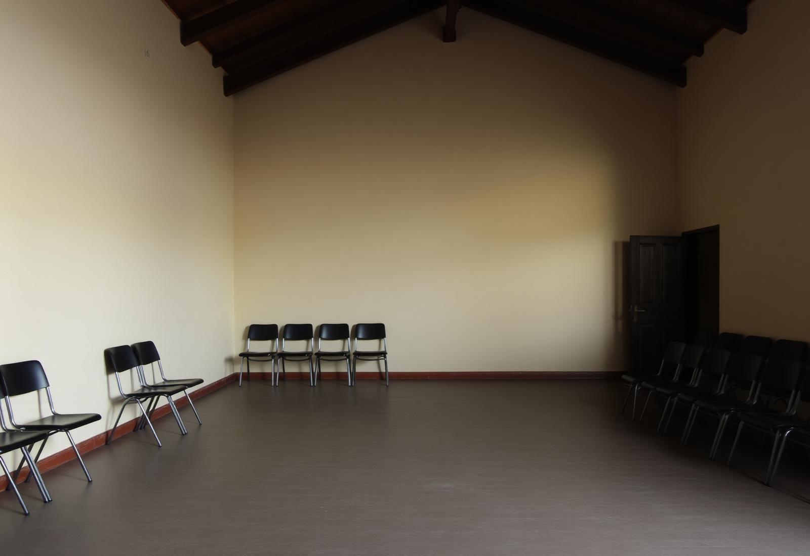 Une salle polyvalente de station avec un grand mur libre, avant l'installation de l'animation